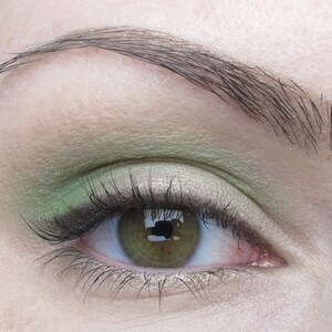 May include: Close-up of a woman's eye with green eyeshadow and a light brown eyebrow.