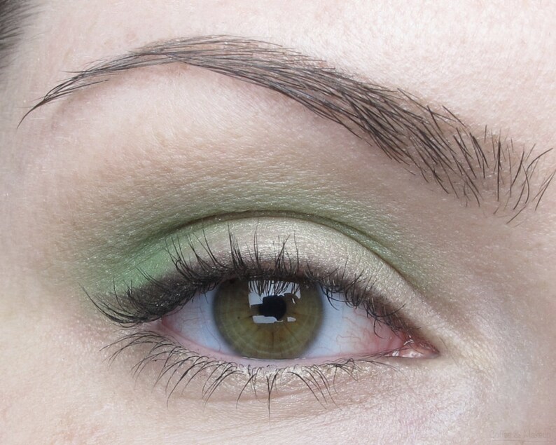 May include: Close-up of a woman's eye with green eyeshadow and a light brown eyebrow.