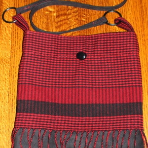 Red & Black Check Fringe Shoulder Bag - Upcycled Skirt