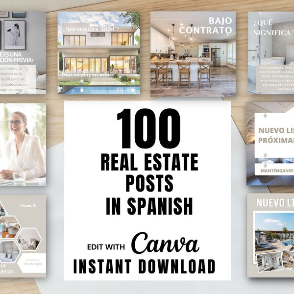 100 SPANISH Real Estate Social Media Posts, Instagram Real Estate Bundle, Customizable Canva Template Real Estate [Real Estate Marketing]