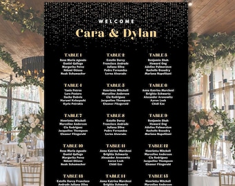 Hochzeit Willkommen, Sitzplan, Gästeliste bearbeitbare Vorlage, Glitz-Glam-Design