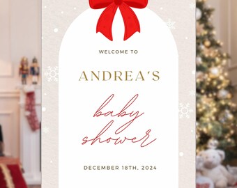 Babyparty willkommen, Urlaub Thema Willkommen Schild Vorlage, minimal Urlaub rot Schleife Design
