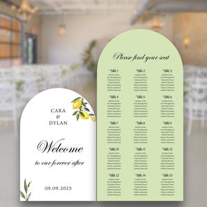 May include: Wedding seating plan in light green and white. The design includes the names "Cara & Dylan" and the phrase "Welcome to our forever after." The date "08.09.2025" is shown. The plan lists guest names by table.