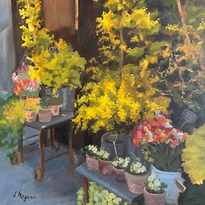 Paris flower shop 12x16in original oil painting of the storefront of a flower shop in Paris France, on canvas panel, unframed