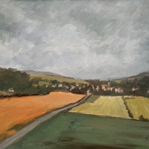 French countryside, Original 12x16 landscape oil painting, oil painting, French village and church, cloudy day, rolling farm fields, panel