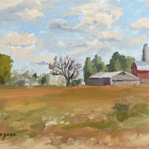 Wisconsin Farm Landschaftsbild der Wisconsin Farm mit roter Scheune, 15 x 20 cm Original Landschaftsbild, auf Leinwand Panel