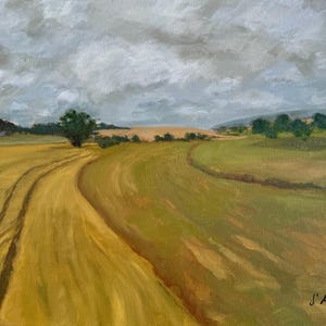 French countryside, Original 12x16 landscape oil painting, oil painting, fields, cloudy day, rolling farm fields, stretched linen