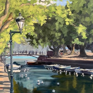Annecy art print of an original oil painting painted by me, view of canal, boats, pont des amours, France, Lac d’Annecy, unframed