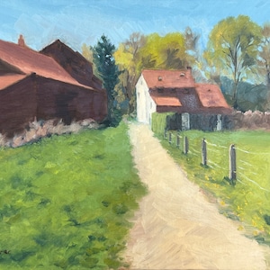 Farm house, original oil painting, dangeacpainting, 12x16, landscape, country, house and barn, path, trees, sunny day, canvas panel