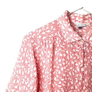 Japanese Vintage Sheer Pink and White Abstract Print Button-Up Blouse