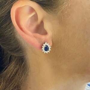 Sapphire Cluster Earrings , 925K Sterling Silver Drop Stud Sapphire Earrings , September Birthstone Gift ,CZ Blue Sapphire Stud Earrings