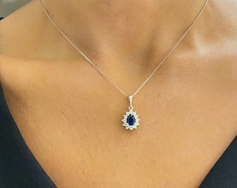 Colar de prata de lei 925 com safira, colar com pingente de safira, pedra de nascimento de setembro, presente para ela, colar de safira em formato de gota