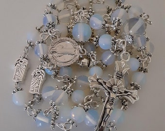 St. Benedict White Opal Gemstone Rosary Made with Natural Gemstone Beads and Beautiful Centerpiece