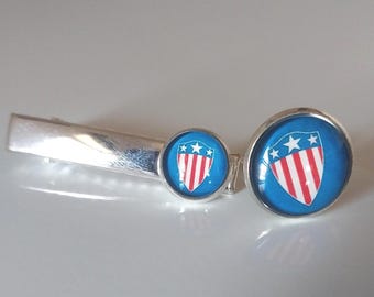 Captain-Inspired American Shield Tie Clip and Cufflinks Set