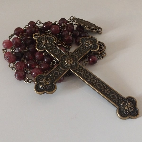 Garnet and Bronze Classic Style Rosary Made with Natural Gemstone Beads and Beautiful Centerpiece