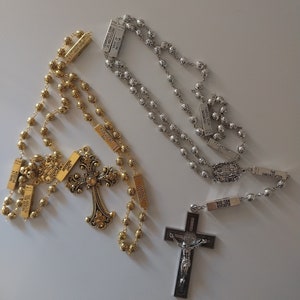 Gold & Silvertone Mystery Rosary – Large Engraved Beads | Catholic Prayer Gift