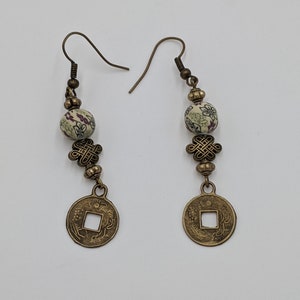 Elegant Asian-Inspired Bronze Coin Earrings with Eastern Accents | Handmade Lucky Charm Jewelry