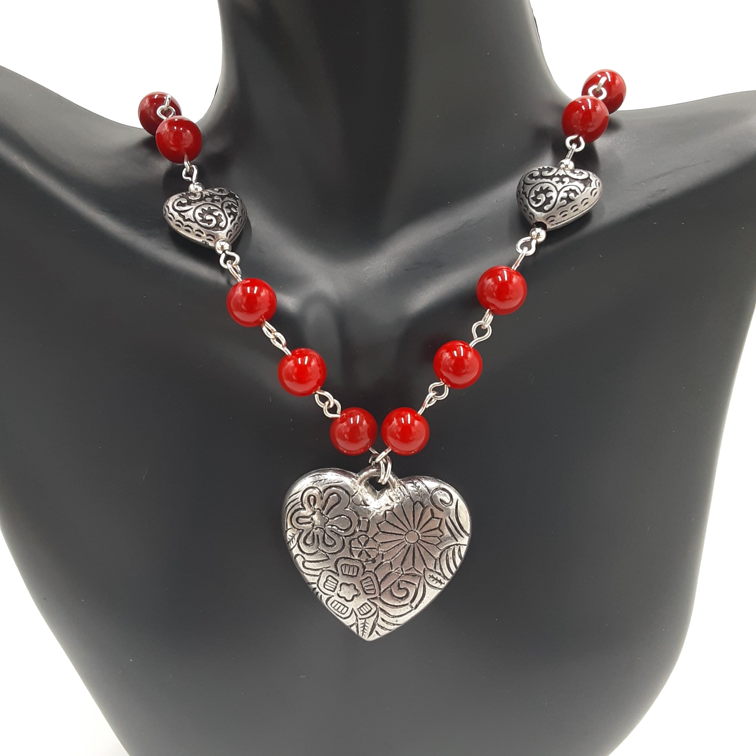 Red and Silver Heart Necklace with Matching Earrings