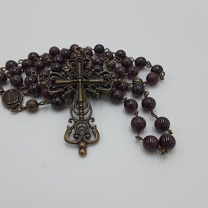 Handmade Garnet Rosary | 8mm Gemstone Beads | Bronze Pumpkin Connectors | Vintage Filigree Crucifix | Catholic Gift