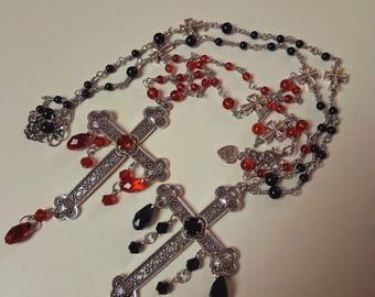 Gothic Vampire Cross Necklace: Red or Black Crystal Rosary