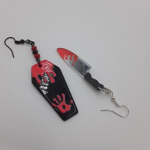 Horror Earrings | Bloody Coffin & Knife Dangles | Spooky Halloween Jewelry | Scary Goth Gift