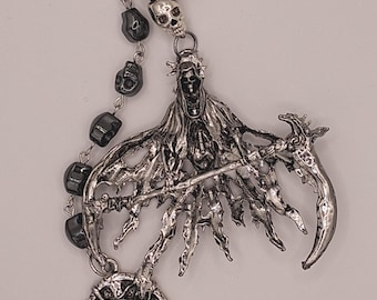 Deluxe Santa Muerte Single Decade Rosary – Hematite – Tibetan Silver – Memento Mori Beads