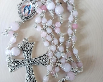 Rosario cattolico in quarzo rosa – Pietra preziosa rosa – Rosario mariano fatto a mano – Crocifisso in stile vintage