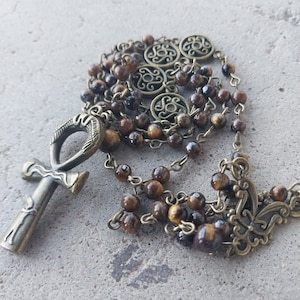 Elegant Tiger&#39;s Eye Ankh Rosary: Egyptian-Inspired Gothic Necklace for Spiritual Protection