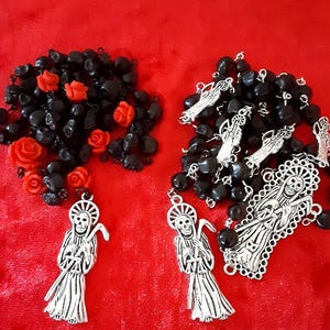 Santa Muerte Rosary: Onyx Beads, Tibetan Silver Charm, Handmade