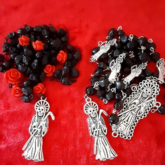 Santa Muerte Rosary – Black Onyx – Tibetan Silver – Devotional Prayer Beads – Handmade Catholic Gift