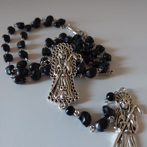 Santa Muerte Rosary Necklace: Onyx Beads, Tibetan Silver, Gothic
