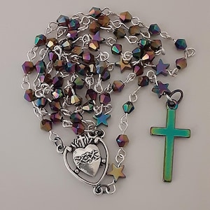 Rainbow Crystal Rosary – Sacred Heart & Holy Mother | Handmade Catholic Prayer Beads