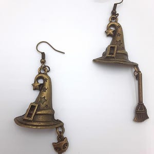 Bronze Witch Hat Earrings | Halloween Cat & Broom Earrings | Wiccan Gothic Jewelry | Witchy Gift