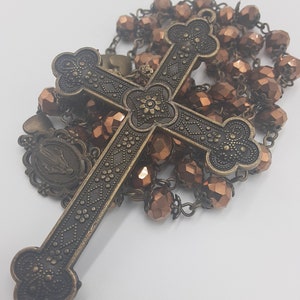Handmade Brown Crystal Rosary: Bronze Spaniard Style Cross