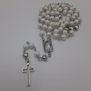 White AB Bead Rosary with Tibetan Silver Heart Spacer Beads and Mary Center Connector