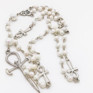 Handmade Ankh Rosary: White Acrylic Prayer Beads, Spiritual Gift