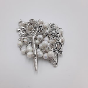 Handmade Ankh Rosary: White Acrylic Prayer Beads, Spiritual Gift