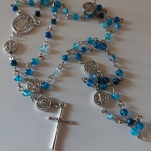 Blue Striped Agate Rosary: Handmade Gemstone Beads, Fatima Centerpiece