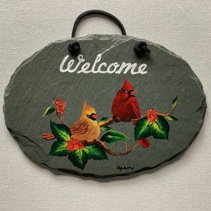 Hand painted Male and Female Cardinals 9.25x6.5 inch Oval Shaped Welcome Slate