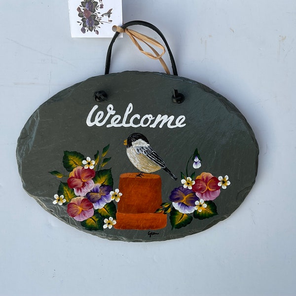 Hand painted Chickadee on a 9.25 x 6.5 inch Oval Shaped Welcome Slate