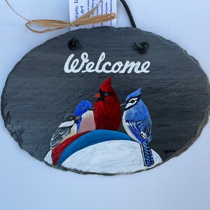 Hand painted beach ball with four birds resting on it 9.25x6.5 inch Oval Shaped Welcome Slate