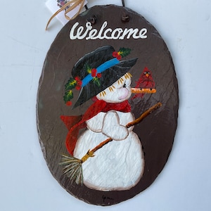 Hand Painted 8.5 x 12.5 Inch large oval Shaped Snowman and Cardinal Welcome Slate