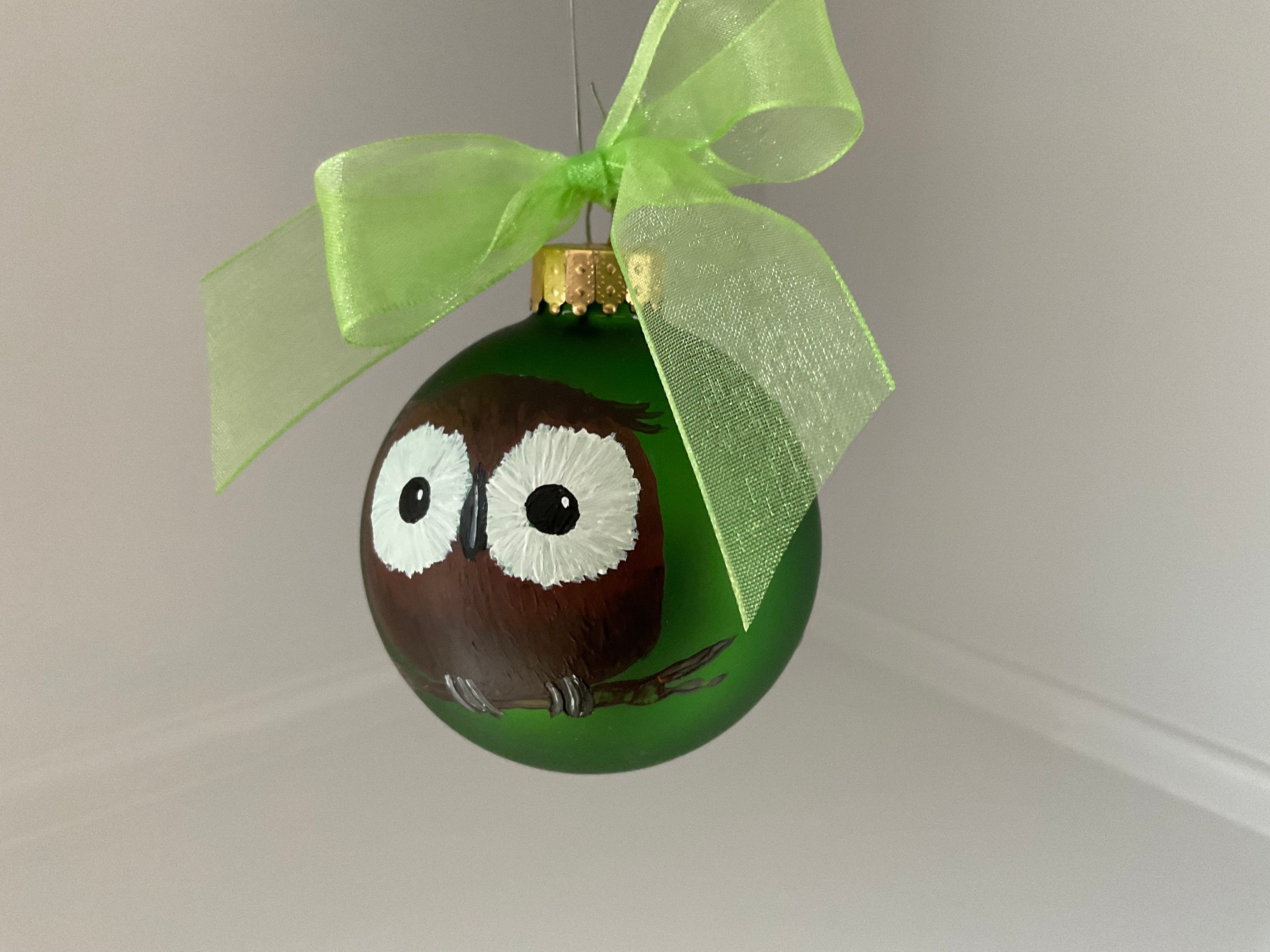 Hand Painted Owl Ornament, Green Glass with Snowflakes