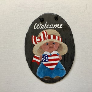 Hand Painted Patriotic USA Kid Red White Blue Flag Heart 9.25 x 6.50 Inch Oval Shaped Welcome Slate