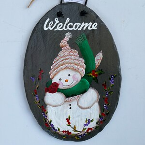 Hand Painted 12.75 x 8.5 Large Oval Shaped Welcome Slate with a snowman and red bird.