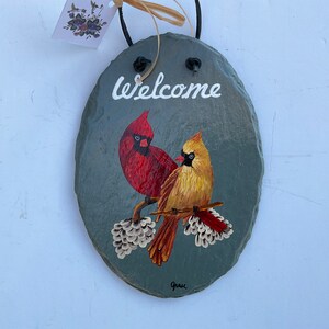 Hand painted Male and Female Cardinals 9.25x6.5 inch Oval Shaped Welcome Slate