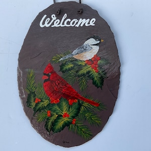 Hand Painted Chickadee and Cardinal on pine branches 12.5 x 8.5 Large Oval Shaped Brown/Purple Welcome Slate.
