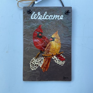 Hand Painted Male and Female Cardinal on a 8.75 x 5.75 inch Rectangular Shaped Welcome Slate