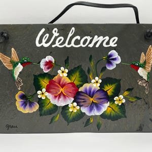 Hand painted 2 hummingbirds and colorful pansies8.75 x 5.75 inch Rectangular Shaped Welcome Slate