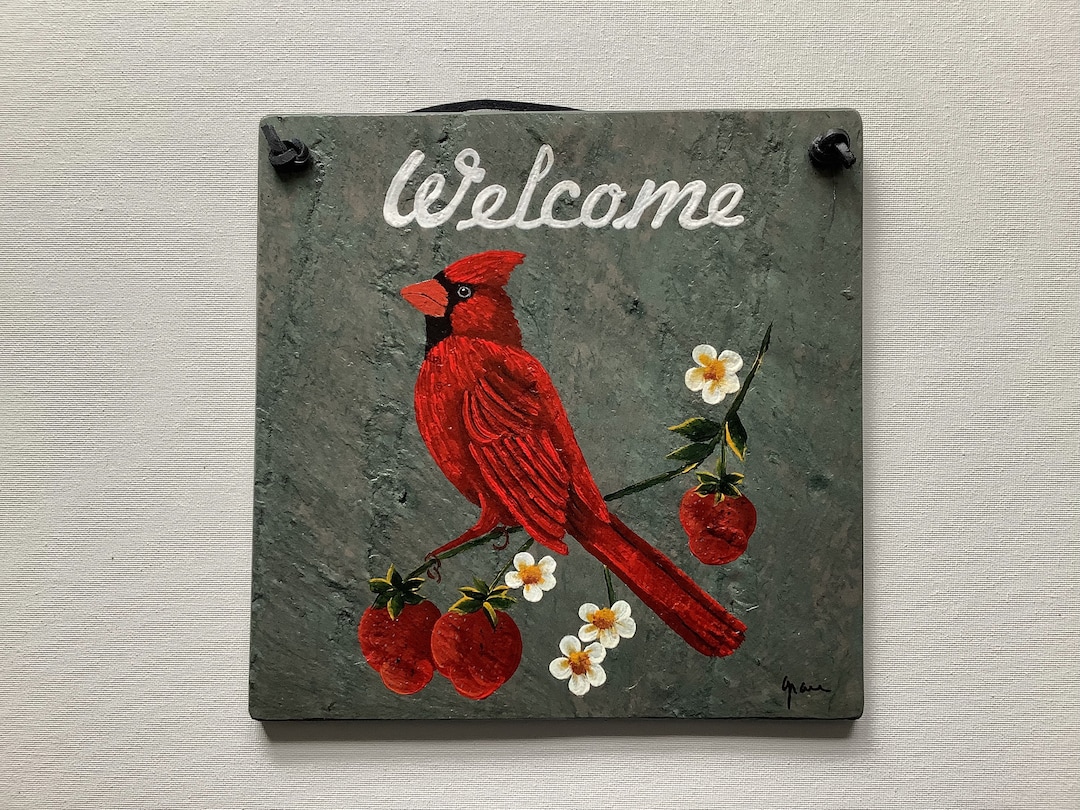 Hand Painted Male Cardinal and Strawberries 8.75 X 8.75 Inch Square